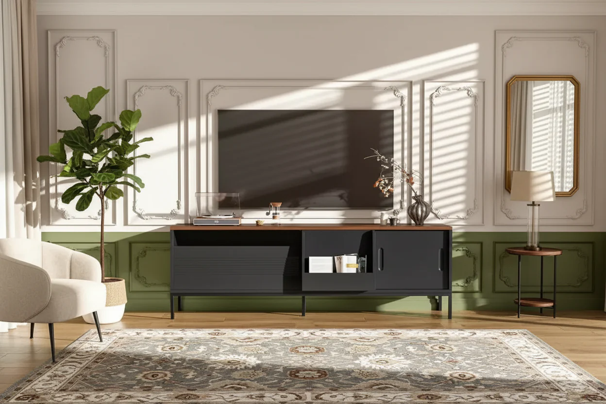 70.8'' TV Stand for TVs up to 75 Inches, Sliding Doors and Adjustable Shelves, Mid-Century Modern Media Console