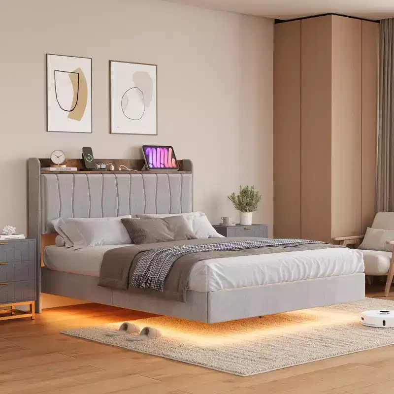 Modern floating platform bed frame, upholstered design, sturdy wooden slats, no spring mattress required, easy to assemble, beigeFull size.