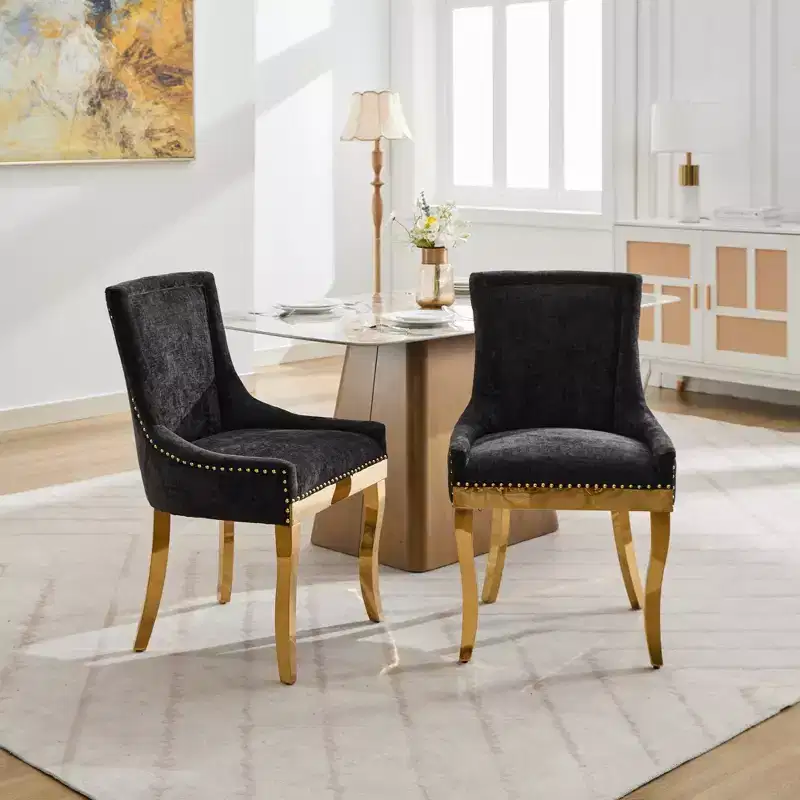 Okak Modern Chenille Dining Chairs Set of 2, Comfy Fabric Chairs with Thick Upholstered, Accent Chairs with Gold - Plated Legs Rivet Trim