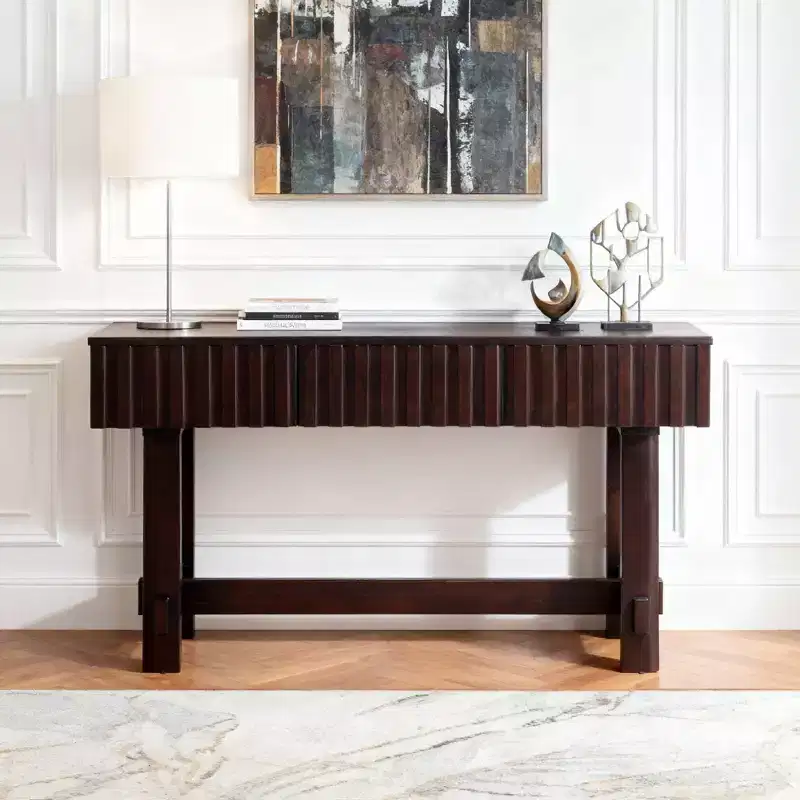 52'' Console Table with Storage Drawers and Solid Wood Legs for Living Room and Hallway Entrance, Espresso