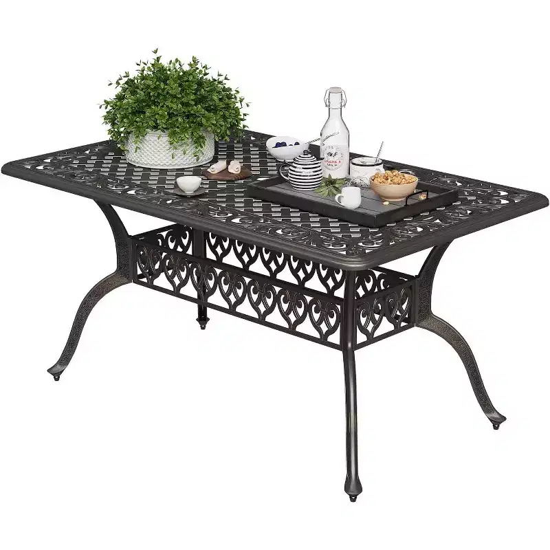 59''Cast Aluminum Outdoor Dining Table Outdoor Patio Table for 6 Patio Dining Table with 2Umbrella Hole & Adjustable Foot Pads for Garden,Backyard