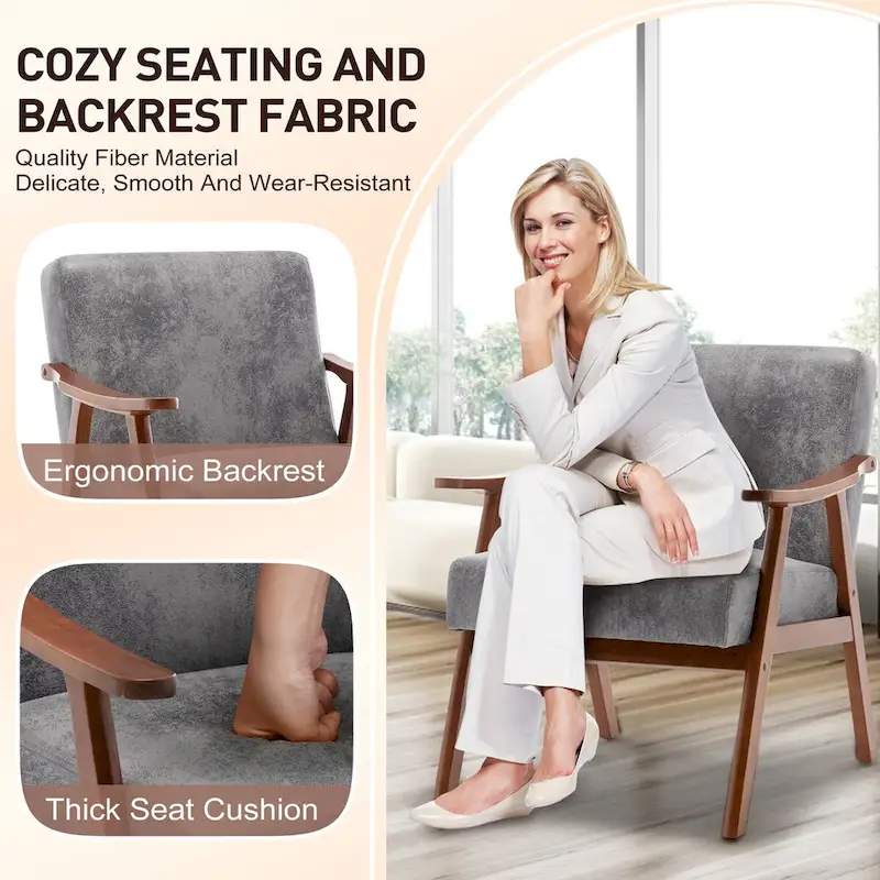 Mid-Century Modern Accent Chair with Solid Wood Frame, Set of 1