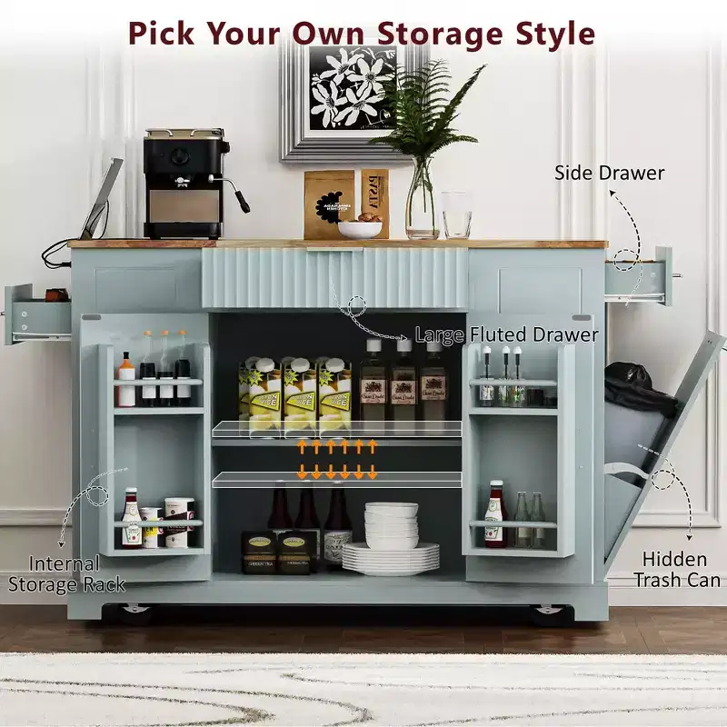 Whisen Classic Style Kitchen Islands on 5 Wheels with 3 Drawer and 3 Open Side Racks