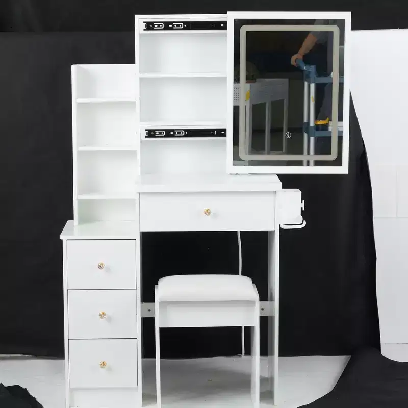 Okak 29.2 Vanity Table and Chair Set, Small Size Left Bedside Cabinet Vanity Table with Extra Large Touch Control Sliding LED Mirror, Black