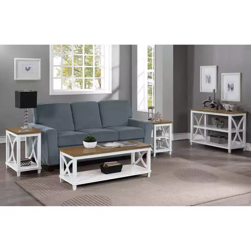 Chairside End Table with Shelf in Driftwood Top and White Frame