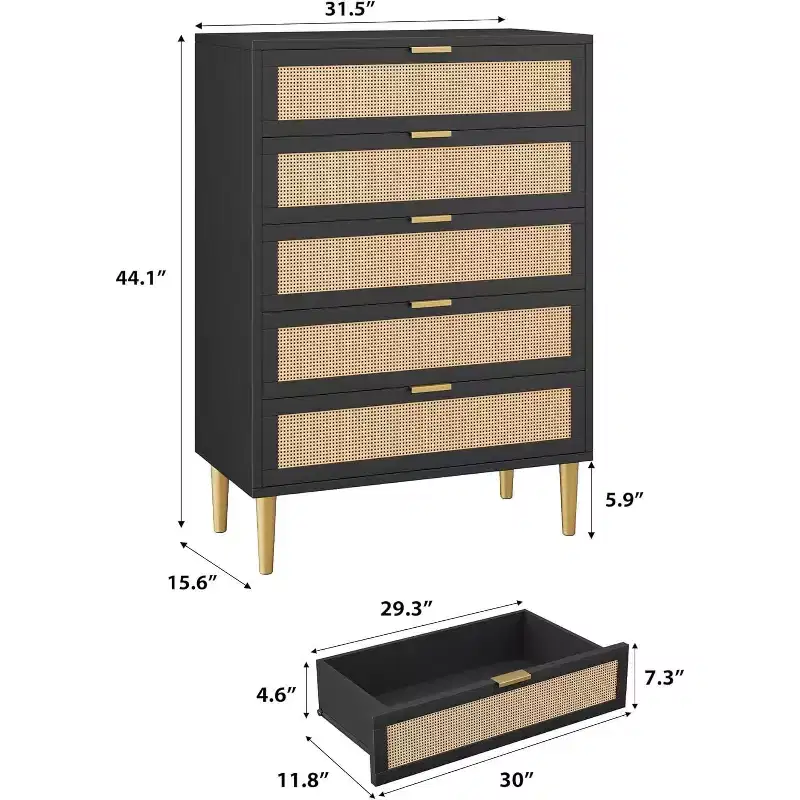 Rattan 5 Drawer Dresser, 44'' Tall Narrow Chest of Drawer, Farmhouse Wooden Storage Cabinet with Metal Legs and Handles, Modern Dresser for Bedroom