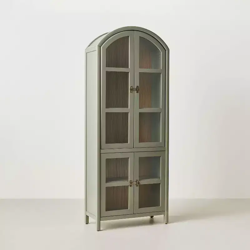 Grooved Wood with Glass 4-Door Arch Cabinet, Sage Green, 76 Inch Tall