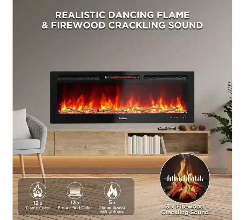 88 inch Electric Fireplace, Smart Recessed or Wall-Mounted, WiFi Control, Dual Heat 750/1500W, 12 Flame Colors, Touch Screen, Timer
