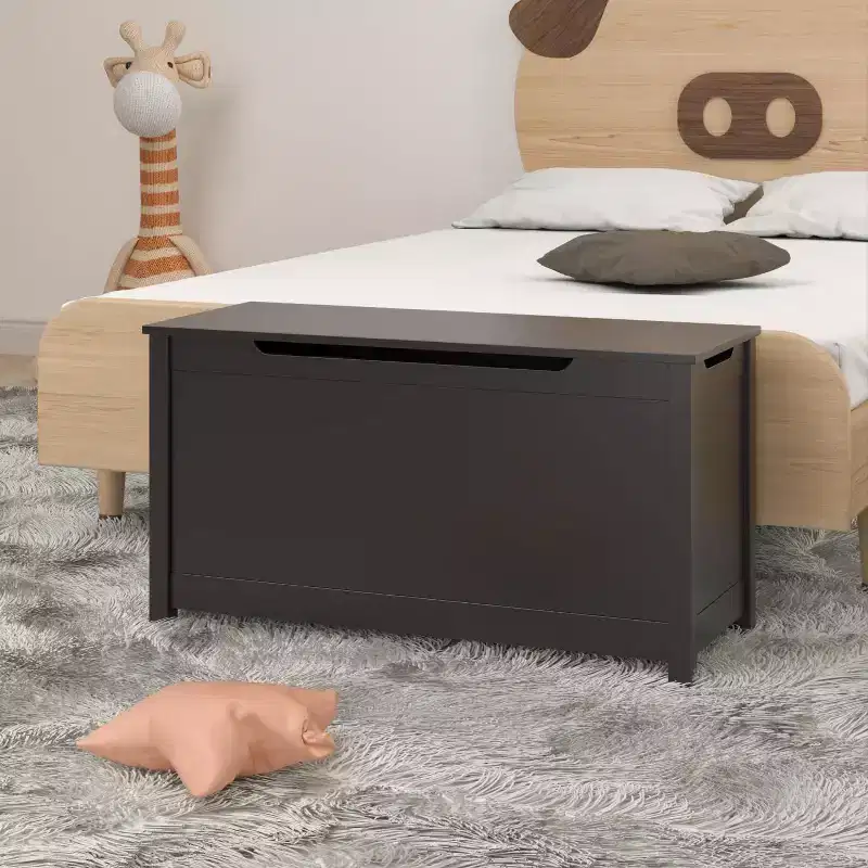 Wooden Toy Box Storage with Safety Hinge, Kids Toy Chest Bench with Lid for Bedroom, Playroom, Living Room, 31.5x13x16.7 Dark Brown
