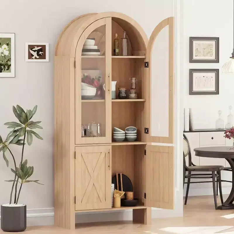 60 Arched Display Cabinet with Glass Doors, Modern Wood Storage Cabinet with Adjustable Shelves for Kitchen, Bathroom, Entryway, Dining Room