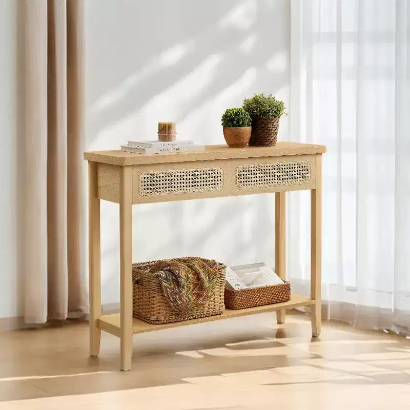 Rattan Console Table with 2 Drawers & Open Shelf, Narrow Entryway Table, 39.4