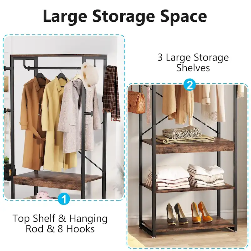 Freestanding Coat Rack with Shelves, 4 Shelves and 8 Hooks