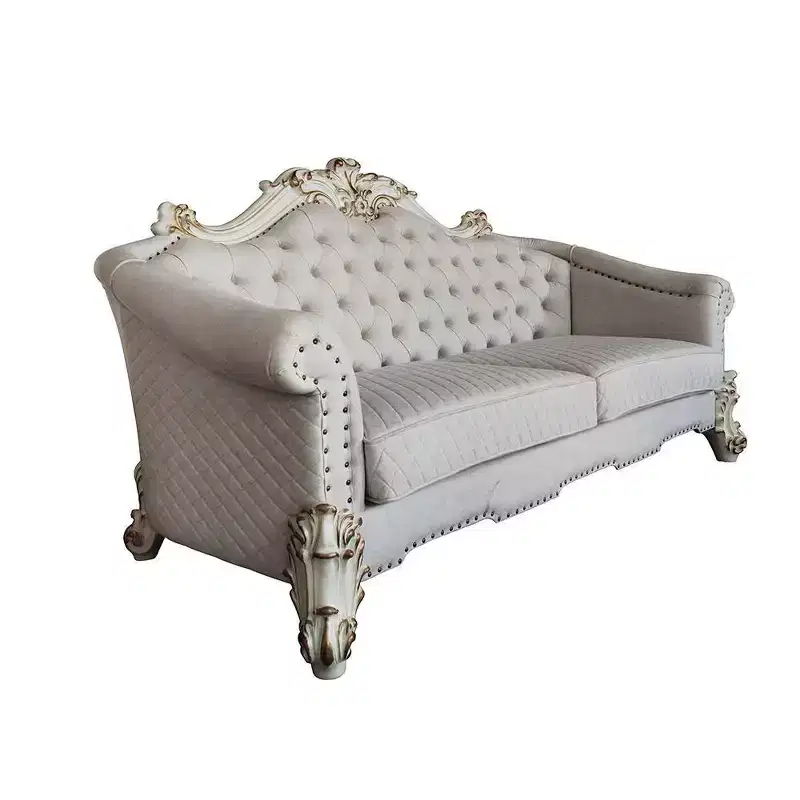 89 Vendome II Sofa: Traditional Off-White Upholstered with Tufted Nailhead Trim, Antique Finish, 3 Accent Pillows