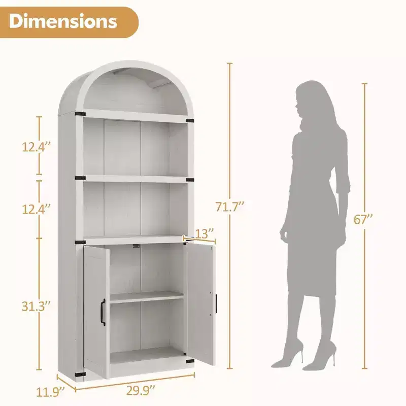 Coolmee Wooden Bookcase with Doors, 71.65 inch Tall Arched Bookshelf, Farmhouse Cabinet with Shelves for Home Office, Living Room