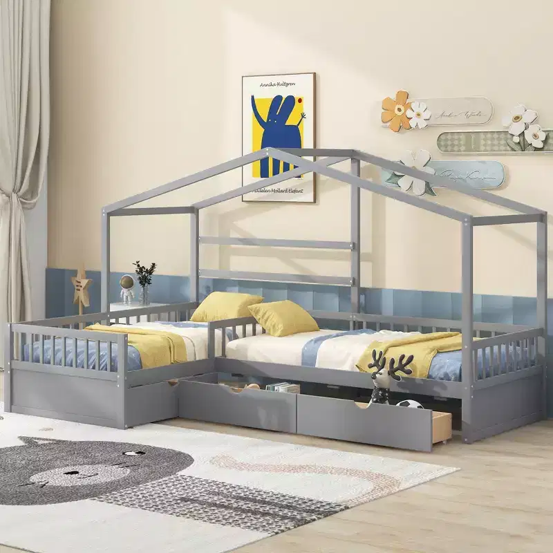 L Shaped Corner Twin Bed for 2 Kids, Twin Size House Platform Bed with 3 Storage Drawers, Wood Double Twin Beds with Fence and Roof