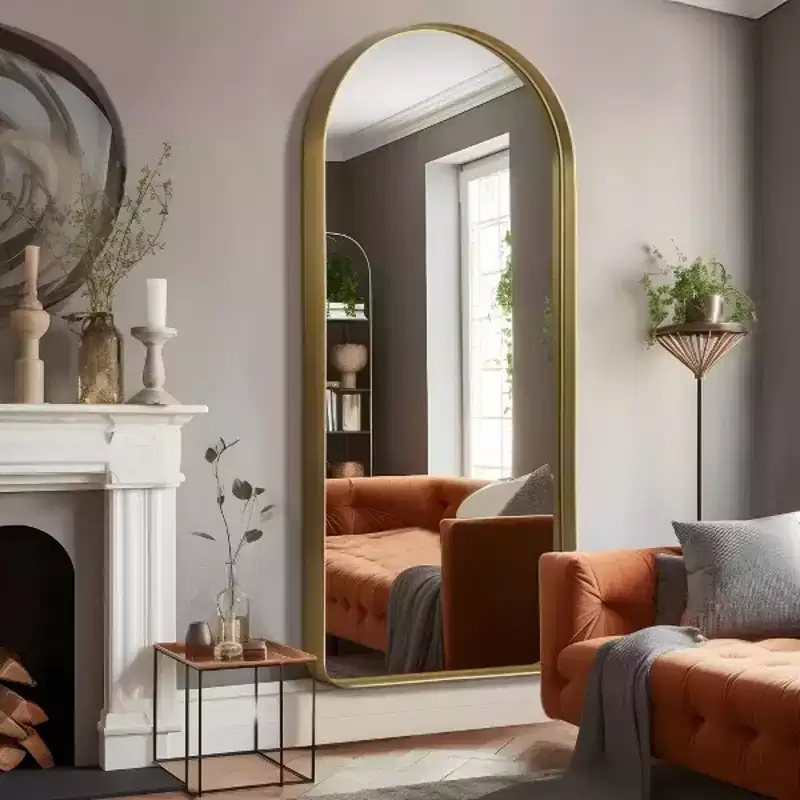Gold 31.5 x 70.87 Inch Rounded Arch Shaped Aluminum Alloy Full Length Deep Mirror without Stand for Living Room and Bedroom Wall Decor