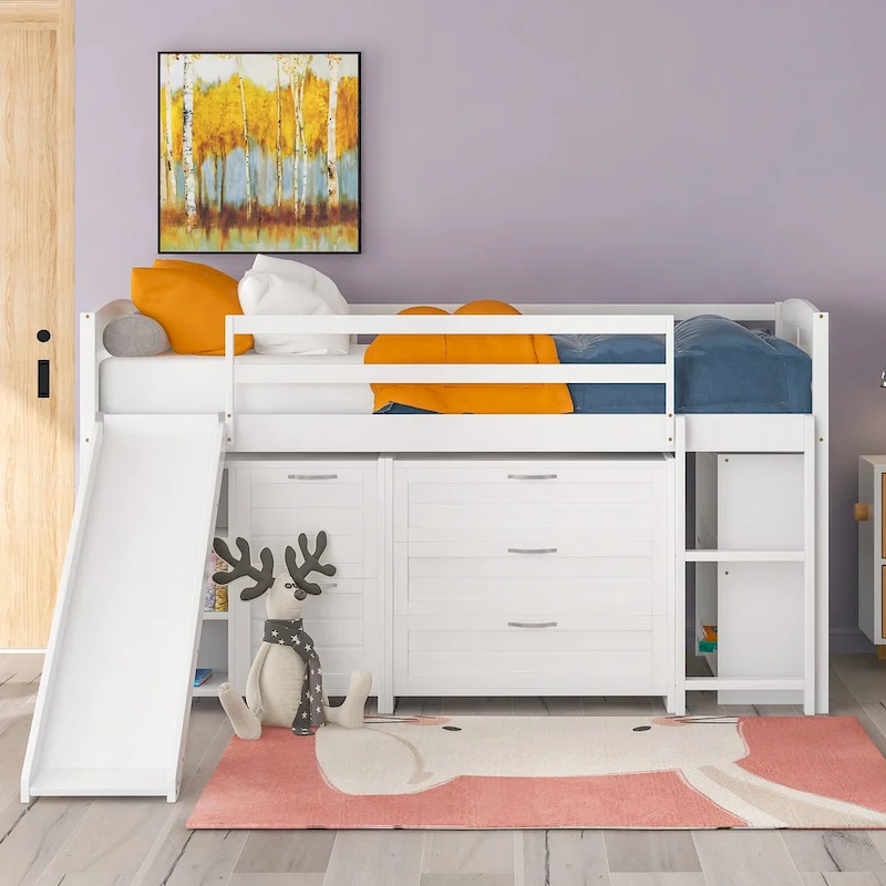 Twin Pine Low Loft Bed with Cabinets, Shelves, and Slide