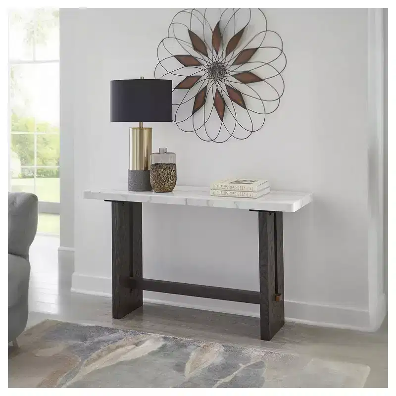 Burkhaus Sofa Table, Natural Marble Top, Dark Brown Oak Console for Living Room