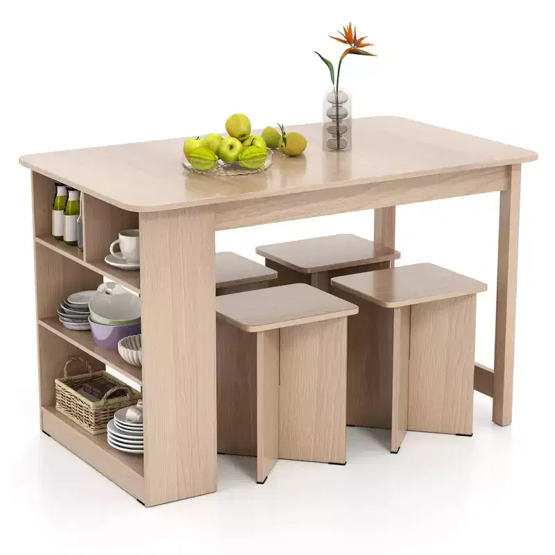 Costway 5 PCS Dining Table Set with Storage Shelf Rectangular Kitchen Table with 4 Stools Beige/Gray