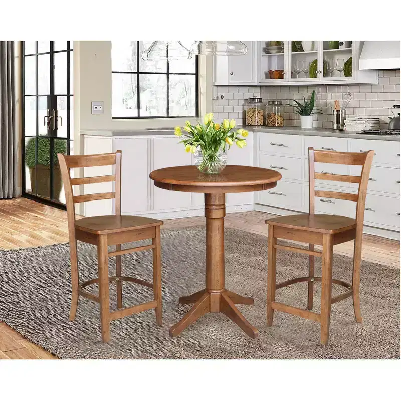 30" Effie Round Pedestal Counter Height Dining Set with 2 Emily Stools Distressed Oak - International Concepts: Solid Wood, 3-Piece