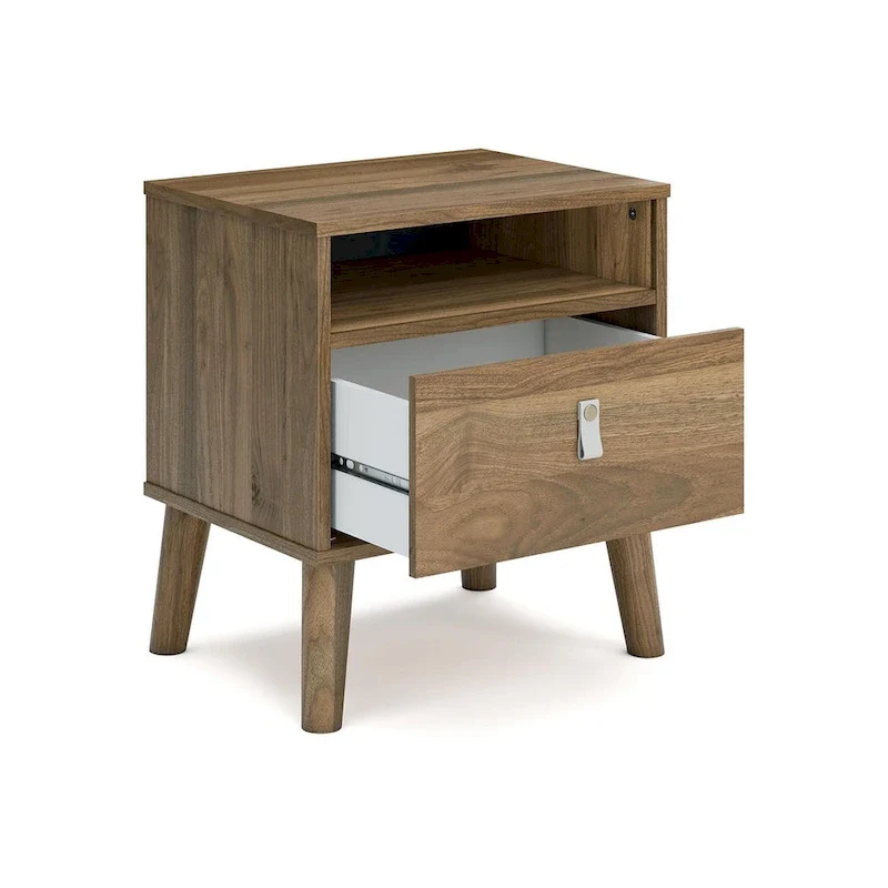 Nightstand – Honey / White, Replicated Wood Grain, Faux Leather Drawer Pull, Splay Legs, Contemporary Style