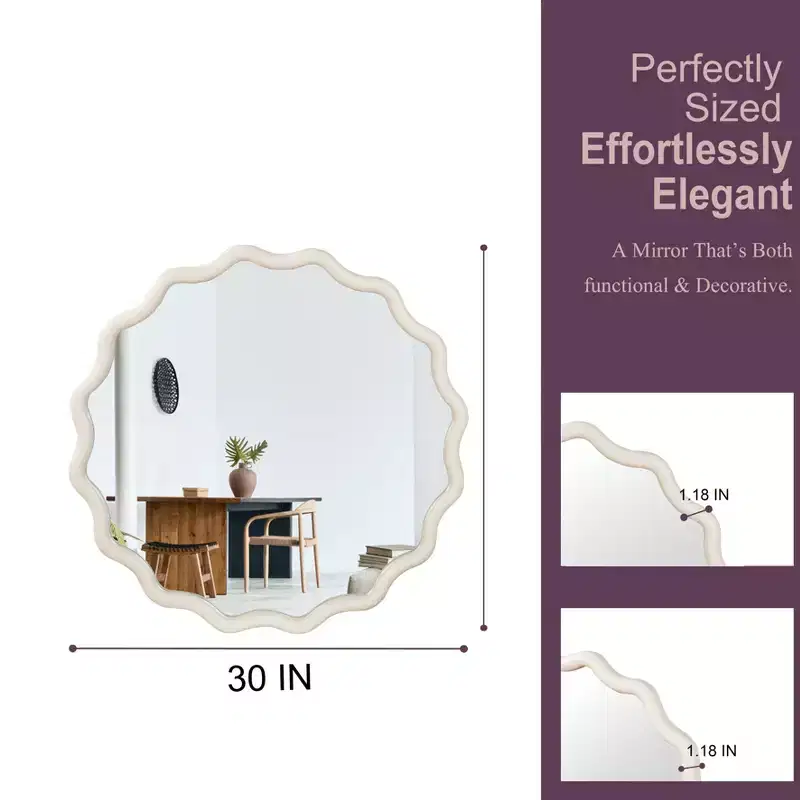 PexFix 30 Wavy Round Solid Wood Frame Decorative Mirror Modern Farmhouse Wall Mirror For Bedroom Bathroom Living Room Entryway White