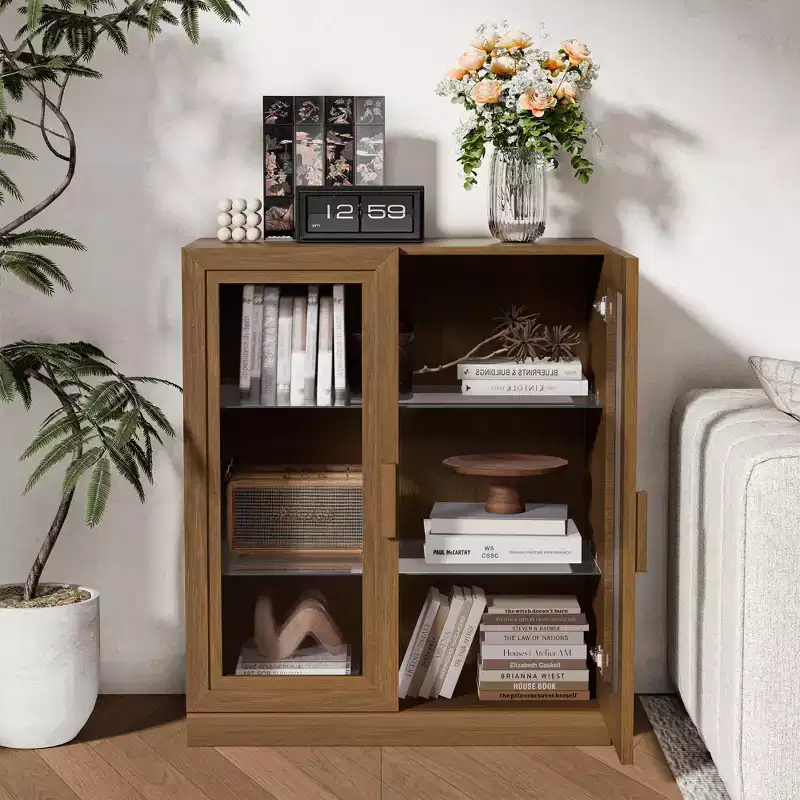 36 in. Tall Wood Grain Storage Cabinet in White, Storage Organizer with 2 Glass Doors for Bedroom Living/Dinning Room