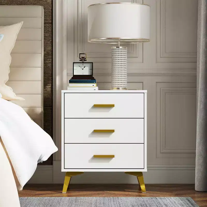 Famapy Chic White Nightstand: Stylish Storage with Golden Accents