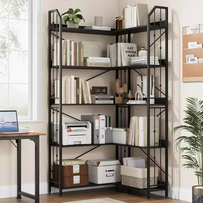 Tall Corner Bookshelf 72, White Gold 5-Tier L-Shape Bookcase with Beaded Detail, Space-Saving Large Corner Shelf for Living Room, Bedroom, Office