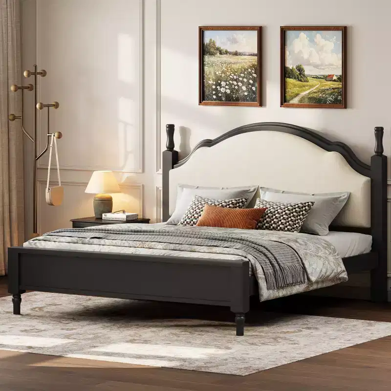 ModernLuxe Queen/King Size Platform Bed with Upholstered Curved Headboard, Pine Wood Bed Frame, No Box Spring Needed