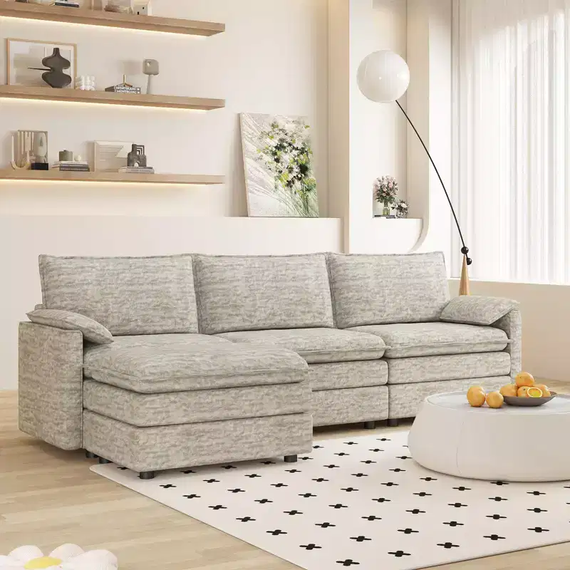 108 XL Modular Sectional Sofa, Deep Seat Modern Chenille L-Shaped Cloud Couch for 4 with Movable Ottoman, Versatile Sectional for Living Room