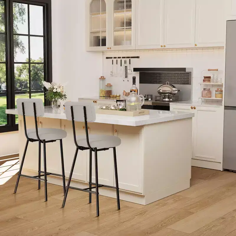 Bar Stool Chairs Set of 4, Upholstered Counter Height Barstools with Round Seat, Armless Bar Chair with Back, Footrest and Metal Legs for Dining Room