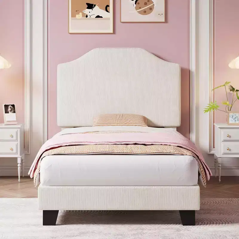 Twin Size Bed Frame, Corduroy Upholstered Platform Bed Frame with Adjustable Headboard, Mattress Foundation,Wooden Slats Support, No Box Spring Needed