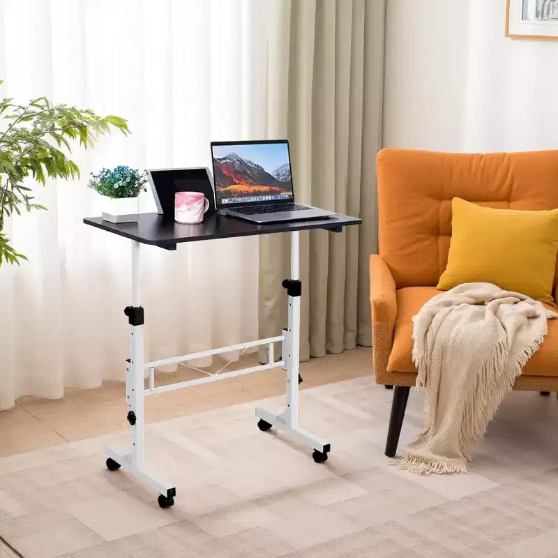 Mobile Standing Computer Desk with Wheels, Portable Laptop Table, Adjustable Height Range 31-43in for Home Office Bedside Classroom, 32*16in