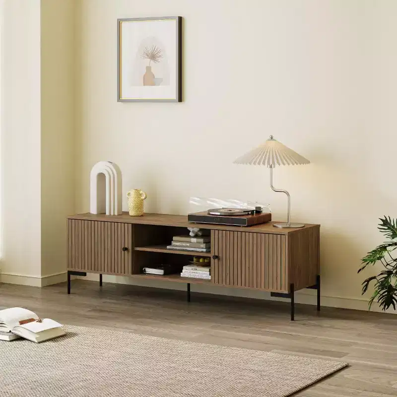 60 inches wide Golden Sandalwood TV Stand, fits 45-75 inch TVs, Modern Media Console with Storage Cabinets & Slatted Doors for living room