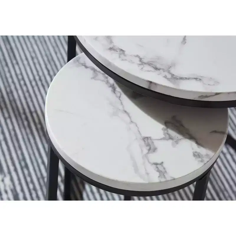 Signature Design by Ashley Jusmour Occasional Nesting Table and Ottoman Set, Faux Marble Top with Black Frame