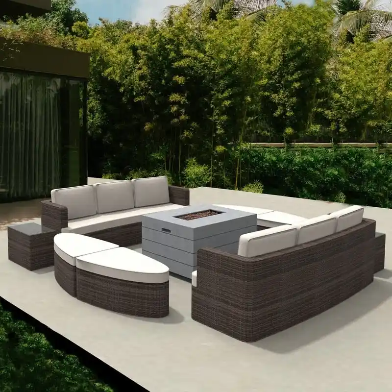 9-piece Patio Wicker Daybed Set with Concrete Fire Pit Table