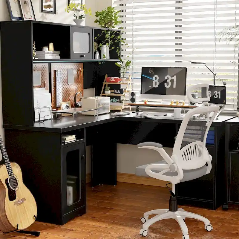 L Shaped Desk with File Cabinet and Hutch, Home Office Corner Computer Desk with Drawers and Charge Station