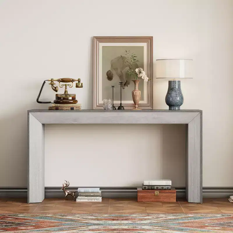 Elegant Console Table with Fireplace Design, Functional Entryway Table with Wood Veneer Top, Accent Table for Living Room, Hallway