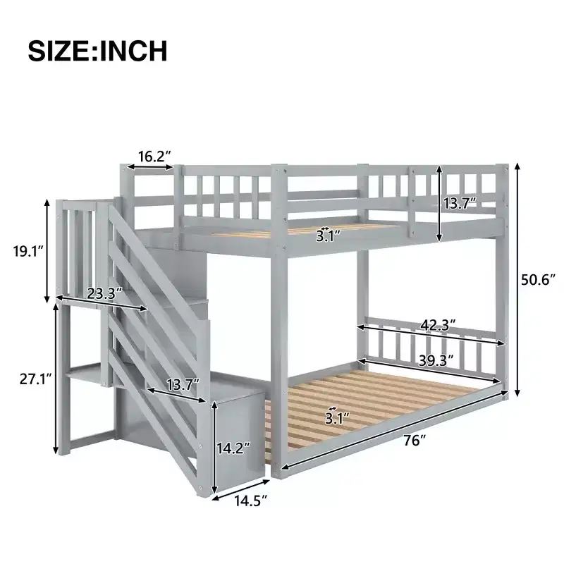 Twin over Twin Bunk Bed with Staircase and Storages for Teens, Stairway Solid Wood Low Bunk Beds with Wood Support Slats