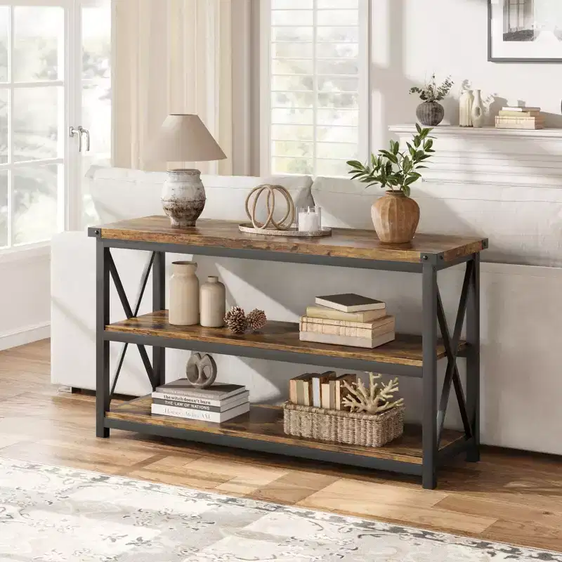47 Inch Rustic Entryway Table, Farmhouse Hallway Table, Console Tables for Entryway, 3 Tier Sofa Tables for Living Room, Industrial Entry Table