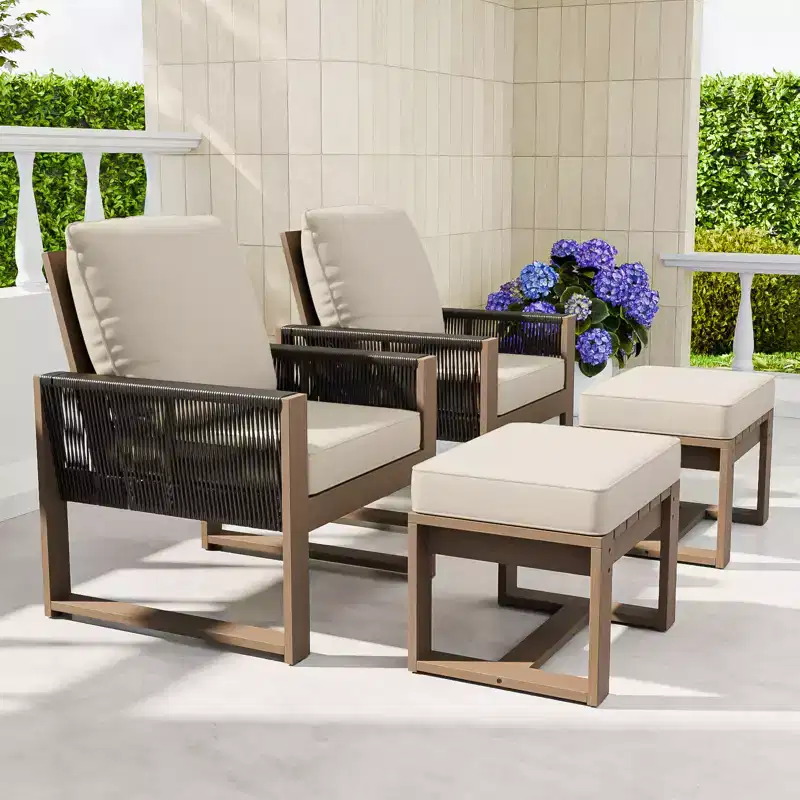 EAGLE PEAK 4 Pieces Natural Cedar Wood Furniture Set, Outdoor Patio Real Wood Small Balcony Conversation Set with Ottomans
