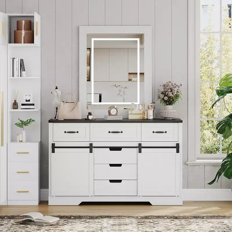 Bedroom vanity with mirror, vanity with lighted makeup mirror, rustic modern style vanity, suitable for bedroom/living room