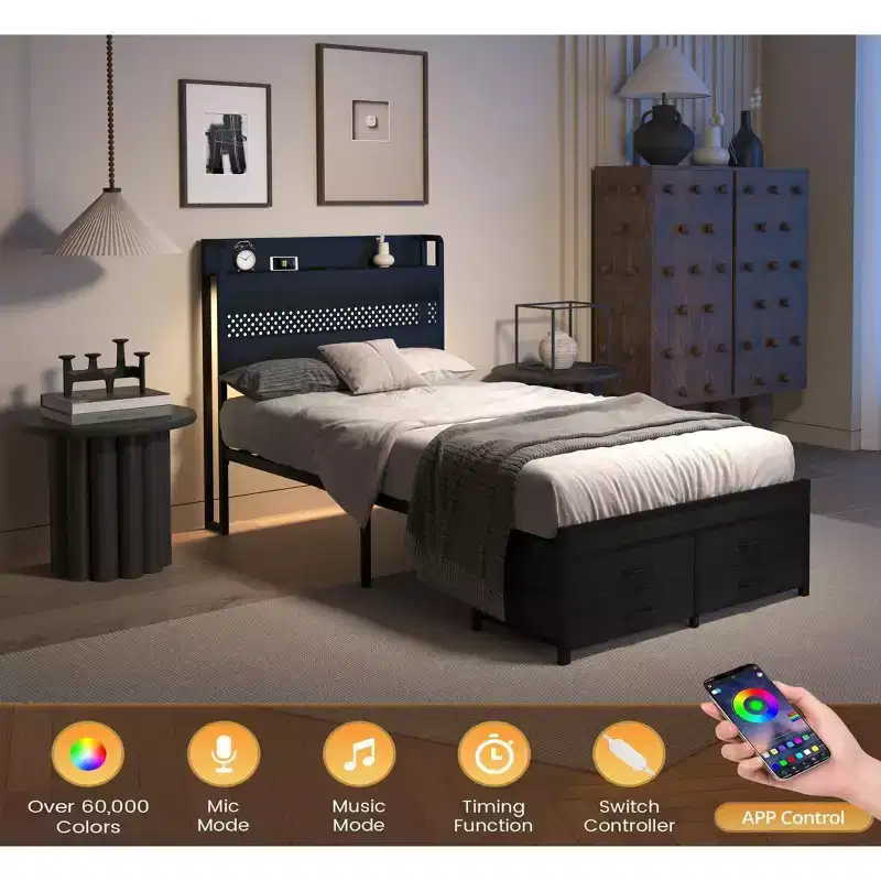 Twin Bed Frames with Headboard, Twin Size Bed Frames with Storage Drawers, Twin Bed, Metal Platform Bed Frame