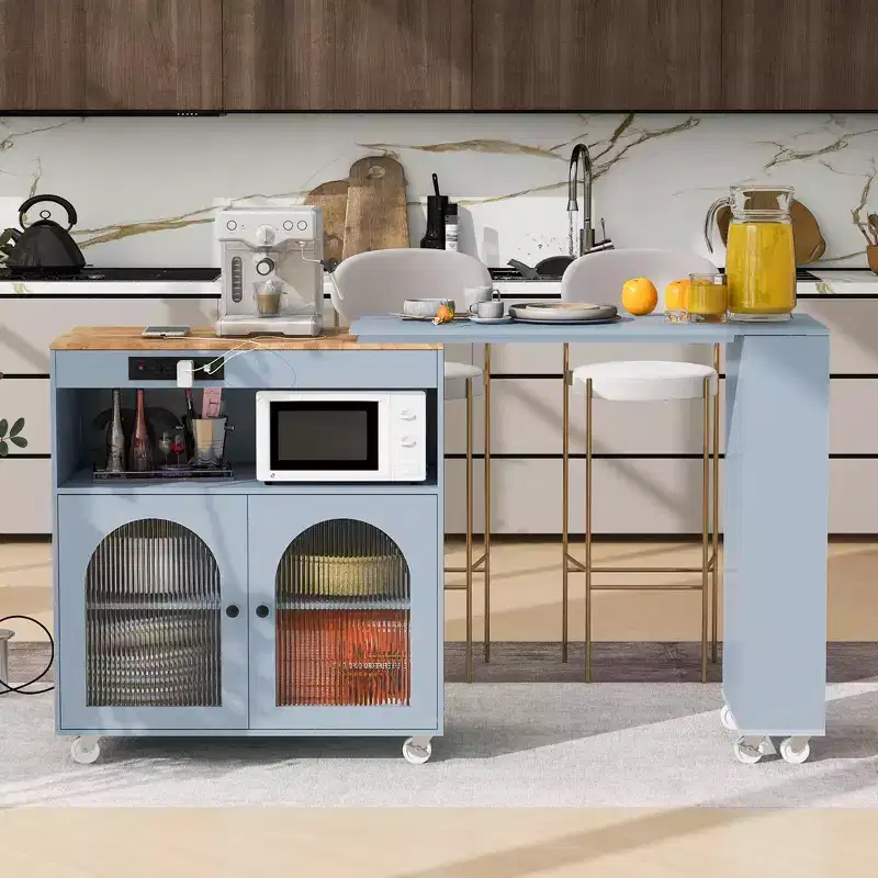 Rolling Kitchen Island With Extended Table, Kitchen Island on Wheels with LED Lights, Power Outlets, 2 Fluted Glass Doorsand Storage Shelves
