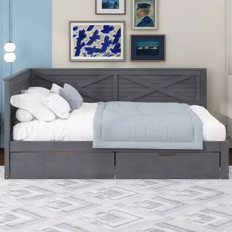 Twin Size Wood Daybed with 2 Drawers and Rustic Guardrail
