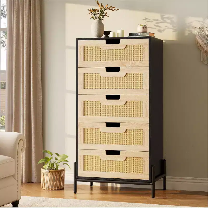 Natural Rattan 5 Drawer Dresser, Wooden Chest of Drawers, Farmhouse Storage Cabinet with Metal Legs for Bedroom, Living Room
