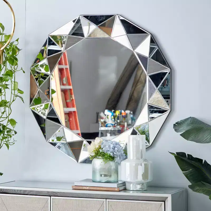 Glam Wood Starburst Wall Mirror, Silver Large Round, MDF Frame