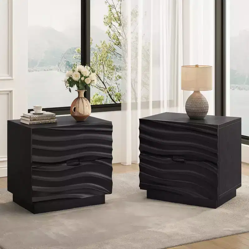 Solid Wood Natural Solid Wood 2 Drawer Nightstand for Bedroom Living Room
