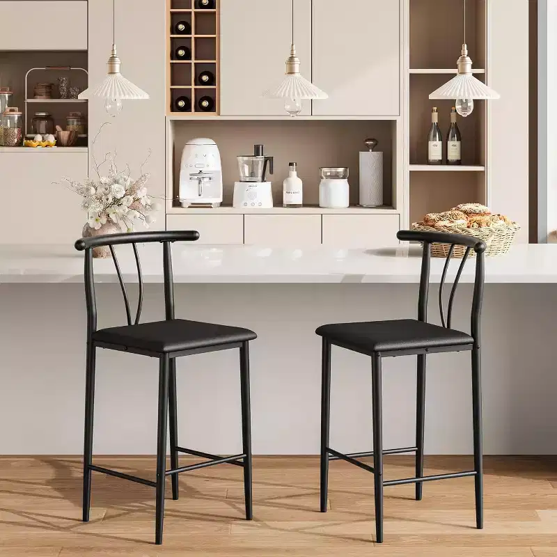 Metal Bar Stools,25.2 Counter Height Bar Stools with Wide PU Upholstered Seat,Curved Back & Footrest for Islands Kitchen Counter Bars,Black